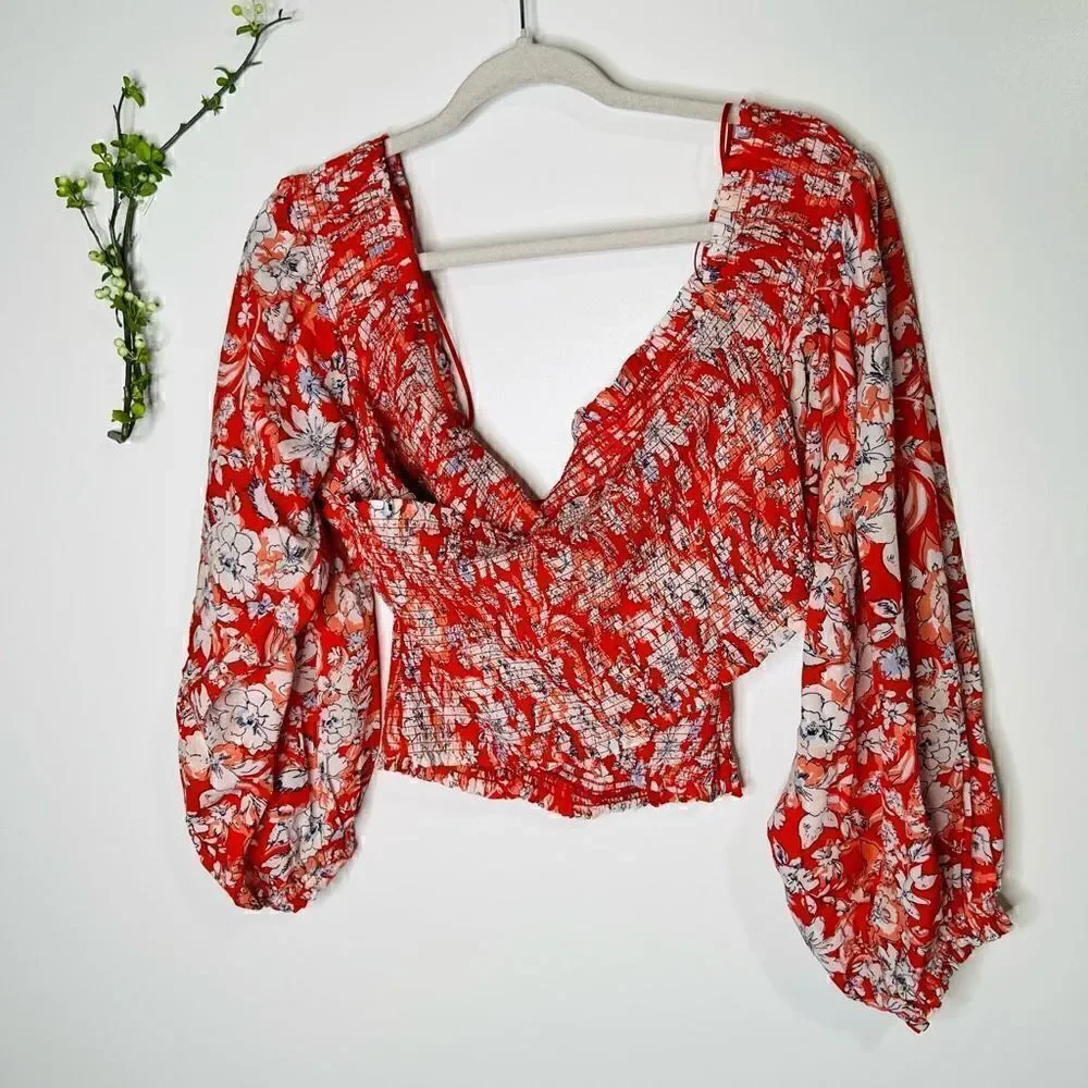 Free People Pink Red White Floral Crop Puff Blouson Sleeve Blouse